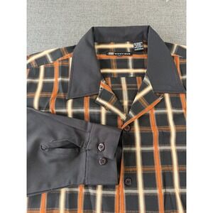 Vintage Montique Mens XL‎ Plaid Button Front Shirt Black Orange Long Sleeve Y2K